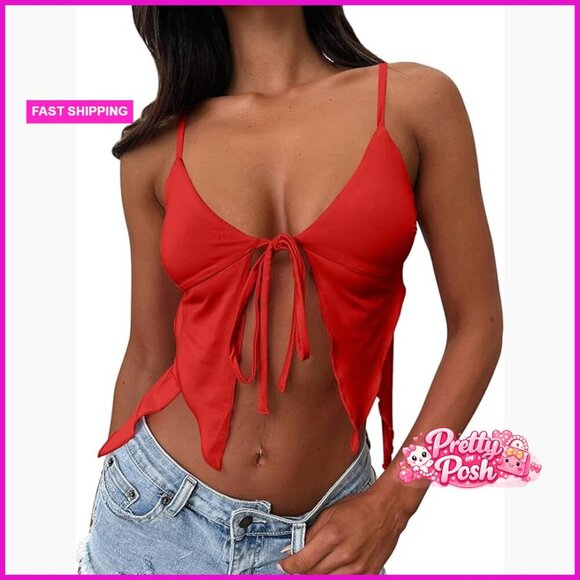 Tops - Sexy Deep V Neck Tie Front Backless Spaghetti Strap Cami Crop Top